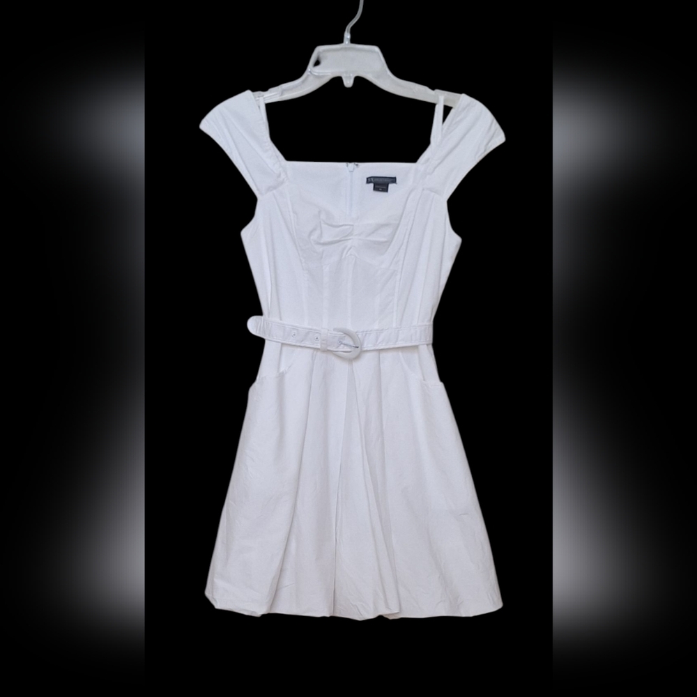 Armani Y2K Belted Poplin Dress Milkmaid Cap Sleeve Puff Coquette Preppy White XS